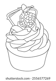 Adorable cupcake illustration with whipped cream details, perfect for coloring books, scrapbooking, or digital art. Fun and engaging linework design.