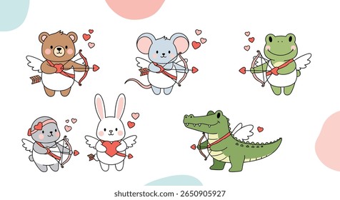 Adoráveis animais cupidos espalhando amor e alegria com corações e setas