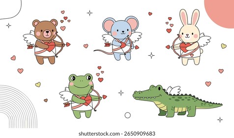 Adoráveis animais cupidos espalhando amor e alegria com corações e setas