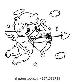 Adorable Cupid illustration with bow and arrow, flying among clouds. Perfect for Valentine's Day and coloring activities