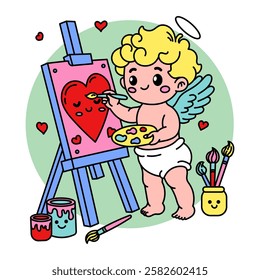 Adorable Cupid illustration painting a smiling heart on a canvas, surrounded by brushes and paint jars