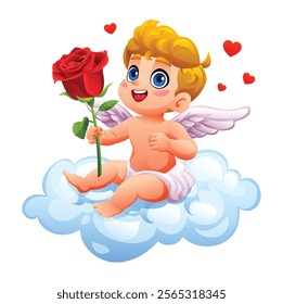 Adorable cupid sitting on clouds holding a red rose with love hearts around. Vector cartoon character illustration