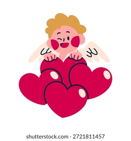 Entzückender Cupid, umgeben von schwimmenden Herzen, der Romantik und Zuneigung ausdrückt. Perfekt für Valentinstag-Grafiken und Liebes-Themen-Inhalte.