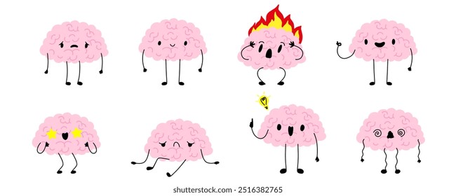 Adorable curious human brain with face. Cartoon character isolated on white background. Kawaii happy brain character and sad crying brain character. Hand drawn symbols of healthy and depressive mind.