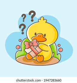 Adorable Curious Little Duckling Premium Postcard Template Doodle Vector Illustration