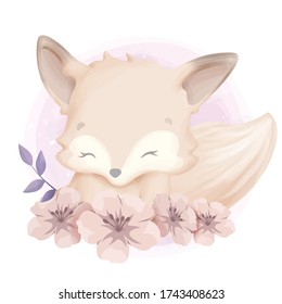 Adorable Cute Animal Fox And Flower