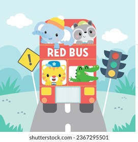 adorable cute animals riding a red bus