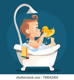 Adorable, cute baby in the bathtub with bubbles kissing the gummy duck toy. Face with funny expression. White baby girl/boy, child, kid. Bath time illustration. Cartoon, flat