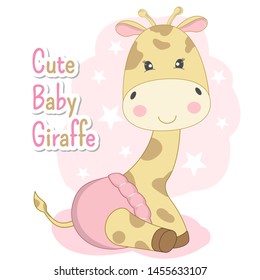 Adorable cute baby Giraffe in a pink diaper  smiling. Graphic element for print design, greeting card, poster and t-shirt. Vector illustration.