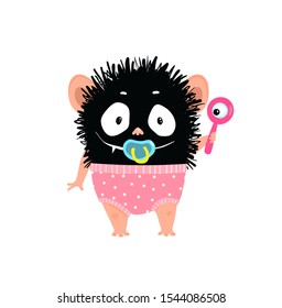 Adorable cute baby girl monster with diaper, rattle and pacifier. Children girls cartoon monster character cute and pretty. 