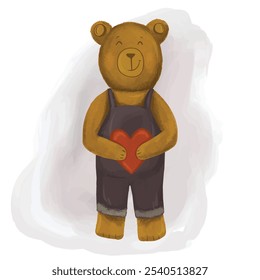 Adorable cute bear character holding a red heart, perfect for expressing love, affection, and warmth in cards, invitations, and gifts. Ideal for Valentine's Day and baby-themed designs.