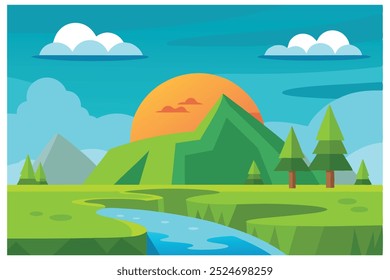 Adorable Cute Beautiful Cartoon Landscape with Mountains, Trees, and River Scene