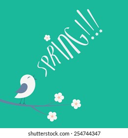 Adorable cute bird sitting on a tree singing, chirping, tweeting about spring. Vintage retro background in minimalist style. Eps10 vector background.