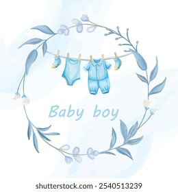 Adorable cute blue baby round frame in watercolor style, ideal for newborn shower invitations, adding a sweet touch to any baby celebration or announcement.