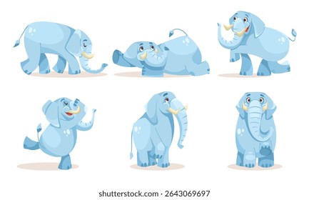 Adorable and cute blue cartoon elephants depicted in various cheerful poses and expressions