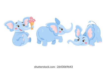Adorable Cute Blue Elephants Engaged in Playful Poses and Participating in Fun Activities