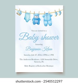 Adorable cute blue watercolor baby shower card featuring baby clothes, perfect for celebrating a new arrival in style and joy.