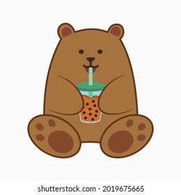 Adorable cute brown bear drinking boba flat vector illustration. Clipart for print such as mug, t-shirt, logo, etc.