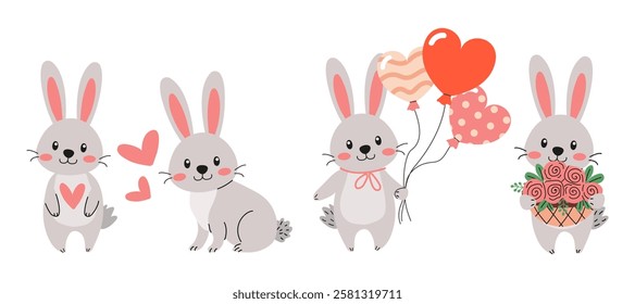 Adorable and Cute Bunny Characters with Lovely Hearts and Colorful Balloons for Celebrations