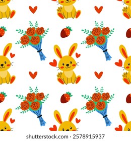 Adorable and Cute Bunny Surrounded by Colorful Flowers and Cheerful Hearts Pattern