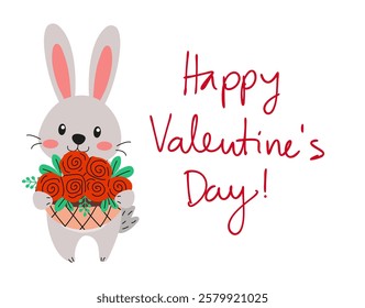 An adorable and cute bunny surrounded by beautiful flowers designed for Valentines Day