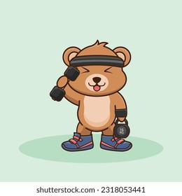 Adorable and Cute Cartoon Bear lifting Barbell and kettlebell. Muscles training with Barbell and kettlebell. Cartoon Vector Workout Icon Illustration, Gym Workout mascot, cute sticker, cartoon style.