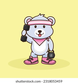 Adorable and Cute Cartoon Bear lifting Barbell and kettlebell. Muscles training with Barbell and kettlebell. Cartoon Vector Workout Icon Illustration, Gym Workout mascot, cute sticker, cartoon style.