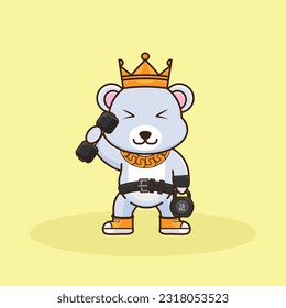 Adorable and Cute Cartoon Bear lifting Barbell and kettlebell. Muscles training with Barbell and kettlebell. Cartoon Vector Workout Icon Illustration, Gym Workout mascot, cute sticker, cartoon style.