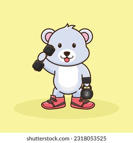 Adorable and Cute Cartoon Bear lifting Barbell and kettlebell. Muscles training with Barbell and kettlebell. Cartoon Vector Workout Icon Illustration, Gym Workout mascot, cute sticker, cartoon style.