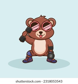 Adorable and Cute Cartoon Bear lifting Barbell and kettlebell. Muscles training with Barbell and kettlebell. Cartoon Vector Workout Icon Illustration, Gym Workout mascot, cute sticker, cartoon style.