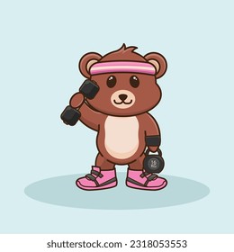 Adorable und Cute Cartoon Bären heben Barbell und Kettlebell. Muskeln Training mit Barbell und Kettlebell. Cartoon Vector Workout Icon Illustration, Gym Workout Maskottchen, süße Aufkleber, Cartoon Stil.