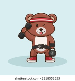 Adorable and Cute Cartoon Bear lifting Barbell and kettlebell. Muscles training with Barbell and kettlebell. Cartoon Vector Workout Icon Illustration, Gym Workout mascot, cute sticker, cartoon style.
