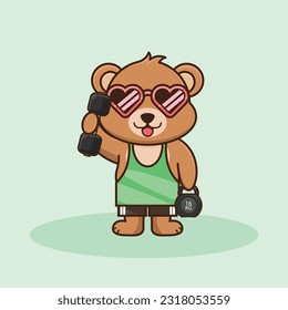 Adorable and Cute Cartoon Bear lifting Barbell and kettlebell. Muscles training with Barbell and kettlebell. Cartoon Vector Workout Icon Illustration, Gym Workout mascot, cute sticker, cartoon style.