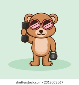 Adorable and Cute Cartoon Bear lifting Barbell and kettlebell. Muscles training with Barbell and kettlebell. Cartoon Vector Workout Icon Illustration, Gym Workout mascot, cute sticker, cartoon style.