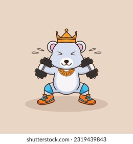 Adorable and Cute Cartoon Bear lifting dumbbell, Muscles training at gym. Cartoon Vector Workout Icon Illustration, Gym Workout mascot, cute sticker, cartoon style.