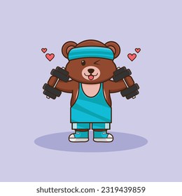 Adorable and Cute Cartoon Bear lifting dumbbell, Muscles training at gym. Cartoon Vector Workout Icon Illustration, Gym Workout mascot, cute sticker, cartoon style.
