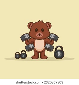 Adorable and Cute Cartoon Bear lifting dumbbell, Muscles training at gym. Cartoon Vector Workout Icon Illustration, Gym Workout mascot, cute sticker, cartoon style.