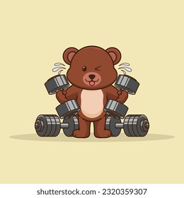Adorable and Cute Cartoon Bear lifting dumbbell, Muscles training at gym. Cartoon Vector Workout Icon Illustration, Gym Workout mascot, cute sticker, cartoon style.