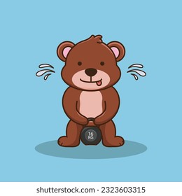 Adorable and Cute Cartoon Bear lifting Kettlebell vector design. Muscles training, Fitness mascot design. Cartoon Vector Workout Icon Illustration, Gym Workout mascot, cute sticker, cartoon style.