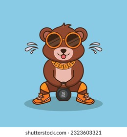 Adorable and Cute Cartoon Bear lifting Kettlebell vector design. Muscles training, Fitness mascot design. Cartoon Vector Workout Icon Illustration, Gym Workout mascot, cute sticker, cartoon style.