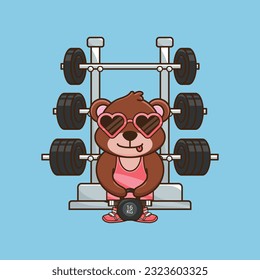 Adorable and Cute Cartoon Bear lifting Kettlebell vector design. Muscles training, Fitness mascot design. Cartoon Vector Workout Icon Illustration, Gym Workout mascot, cute sticker, cartoon style.