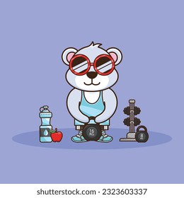 Adorable and Cute Cartoon Bear lifting Kettlebell vector design. Muscles training, Fitness mascot design. Cartoon Vector Workout Icon Illustration, Gym Workout mascot, cute sticker, cartoon style.