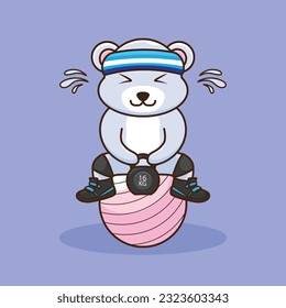 Adorable and Cute Cartoon Bear lifting Kettlebell vector design. Muscles training, Fitness mascot design. Cartoon Vector Workout Icon Illustration, Gym Workout mascot, cute sticker, cartoon style.