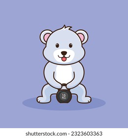 Adorable and Cute Cartoon Bear lifting Kettlebell vector design. Muscles training, Fitness mascot design. Cartoon Vector Workout Icon Illustration, Gym Workout mascot, cute sticker, cartoon style.