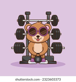 Adorable and Cute Cartoon Bear lifting Kettlebell vector design. Muscles training, Fitness mascot design. Cartoon Vector Workout Icon Illustration, Gym Workout mascot, cute sticker, cartoon style.