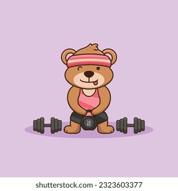 Adorable and Cute Cartoon Bear lifting Kettlebell vector design. Muscles training, Fitness mascot design. Cartoon Vector Workout Icon Illustration, Gym Workout mascot, cute sticker, cartoon style.