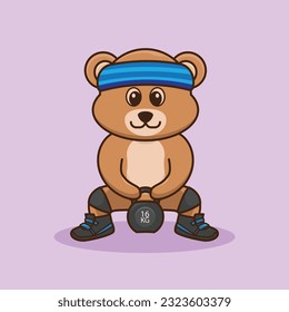 Adorable and Cute Cartoon Bear lifting Kettlebell vector design. Muscles training, Fitness mascot design. Cartoon Vector Workout Icon Illustration, Gym Workout mascot, cute sticker, cartoon style.