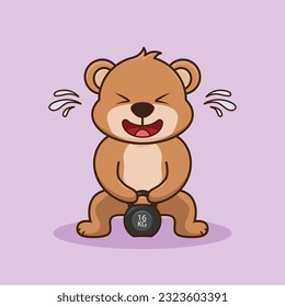 Adorable and Cute Cartoon Bear lifting Kettlebell vector design. Muscles training, Fitness mascot design. Cartoon Vector Workout Icon Illustration, Gym Workout mascot, cute sticker, cartoon style.