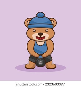 Adorable and Cute Cartoon Bear lifting Kettlebell vector design. Muscles training, Fitness mascot design. Cartoon Vector Workout Icon Illustration, Gym Workout mascot, cute sticker, cartoon style.