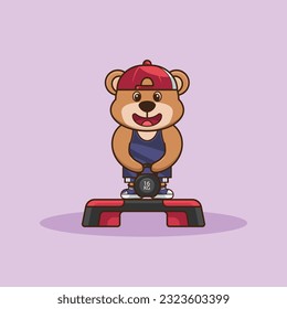 Adorable and Cute Cartoon Bear lifting Kettlebell vector design. Muscles training, Fitness mascot design. Cartoon Vector Workout Icon Illustration, Gym Workout mascot, cute sticker, cartoon style.